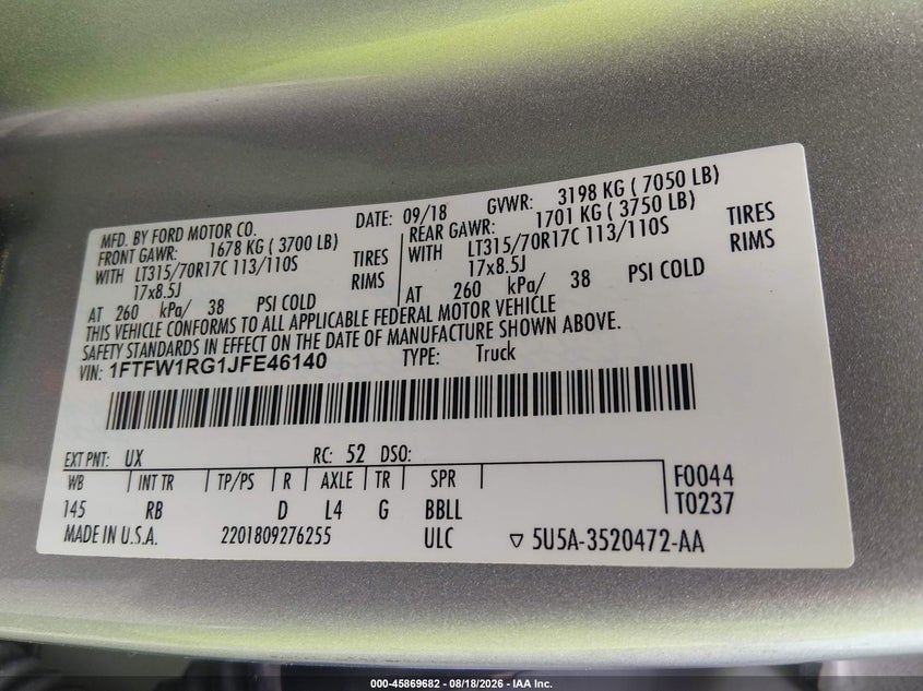 FORD F-150 2018 VIN 1FTFW1RG1JFE46140