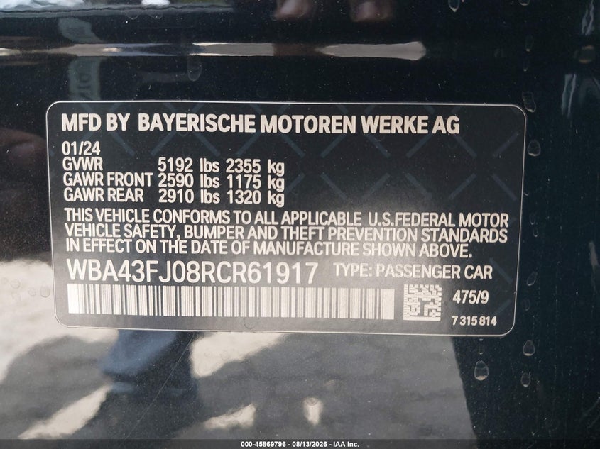 BMW 530I 2024 VIN WBA43FJ08RCR61917