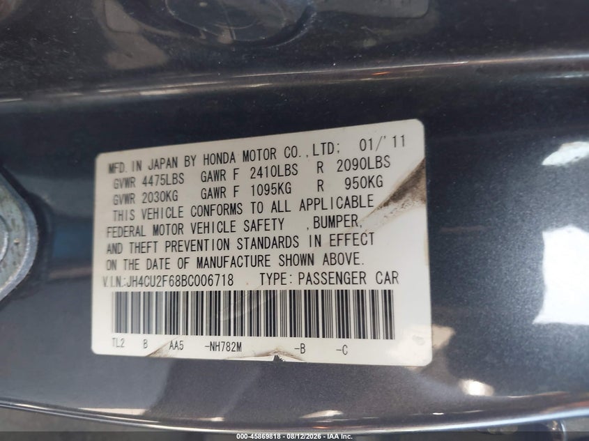 ACURA TSX 2011 VIN JH4CU2F68BC006718