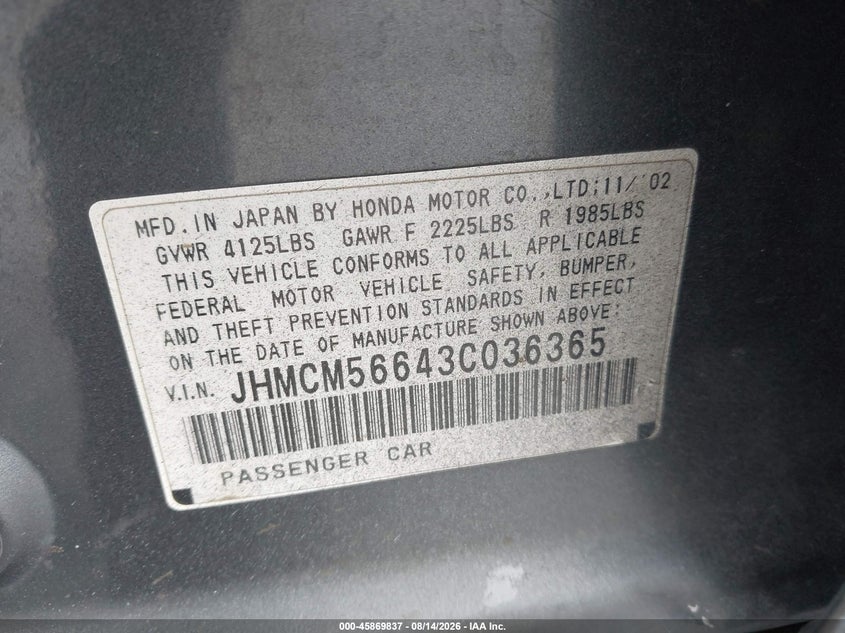 2003 HONDA ACCORD SEDAN 2.4L I-4 DOHC, VVT, REGULAR , 160HP