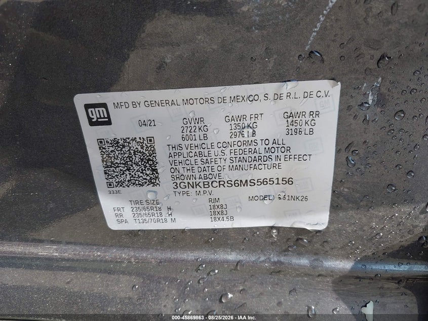 CHEVROLET BLAZER 2021 VIN 3GNKBCRS6MS565156