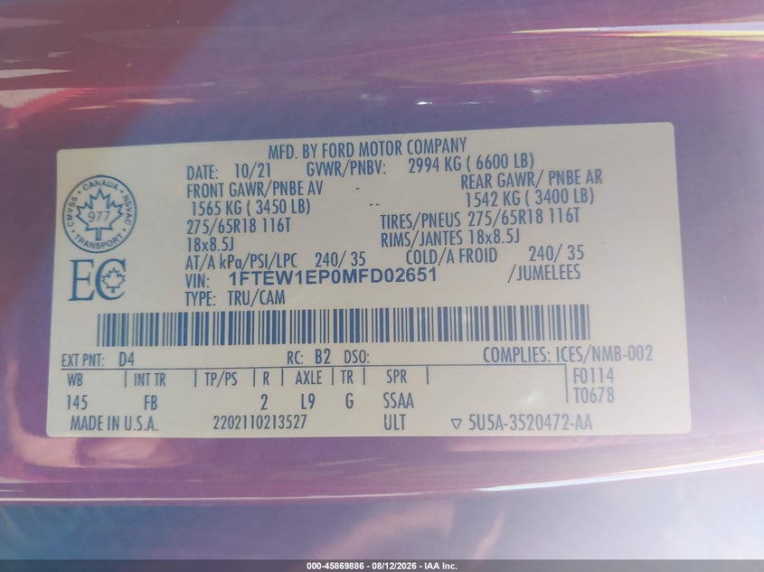 FORD F-150 2021 VIN 1FTEW1EP0MFD02651