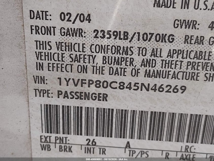 MAZDA MAZDA6 2004 VIN 1YVFP80C845N46269