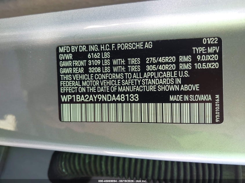 PORSCHE CAYENNE COUPE 2022 VIN WP1BA2AY9NDA48133