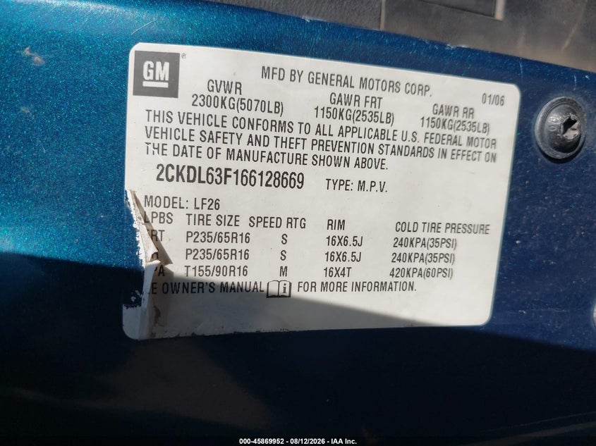 PONTIAC TORRENT 2006 VIN 2CKDL63F166128669