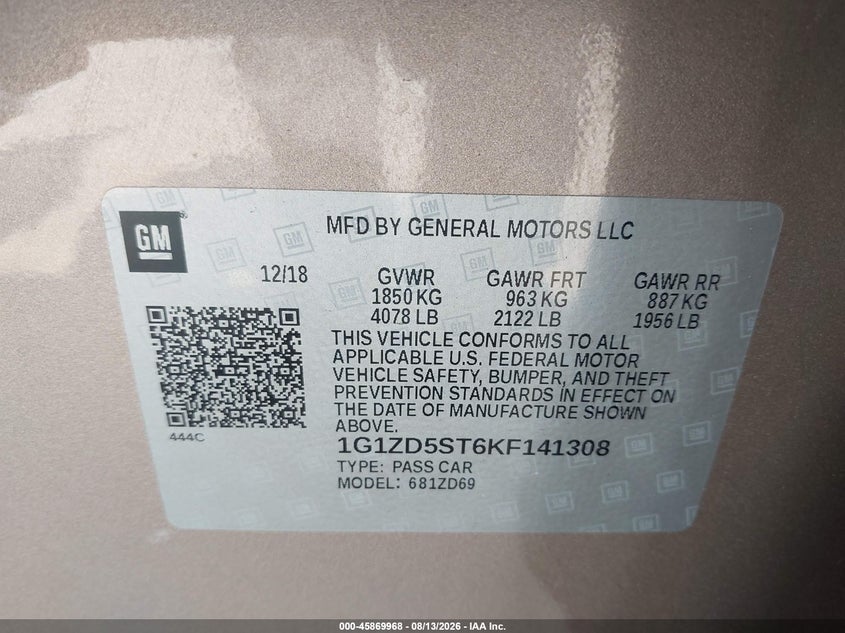 CHEVROLET MALIBU 2019 VIN 1G1ZD5ST6KF141308