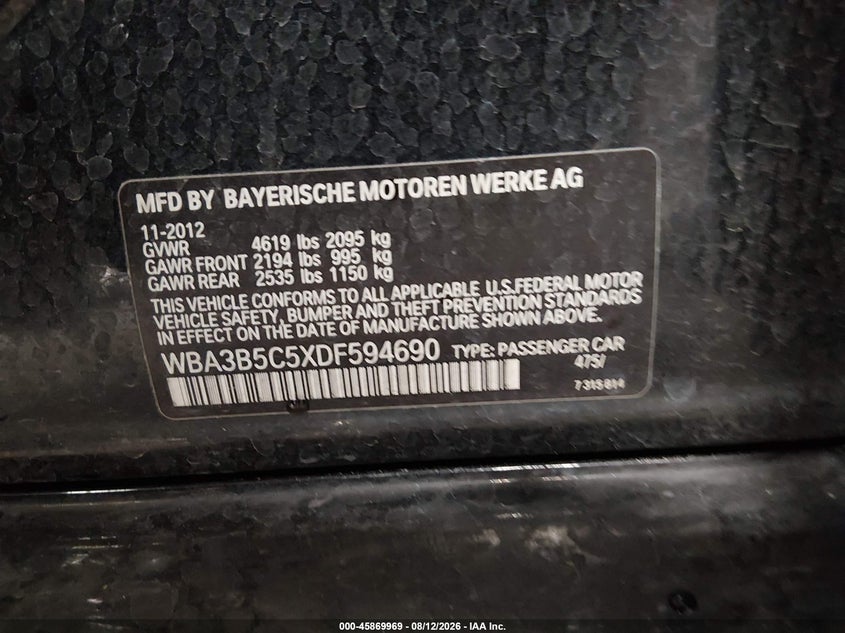 BMW 328I 2013 VIN WBA3B5C5XDF594690