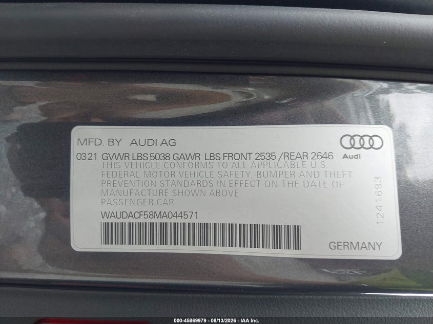 AUDI A5 SPORTBACK 2021 VIN WAUDACF58MA044571