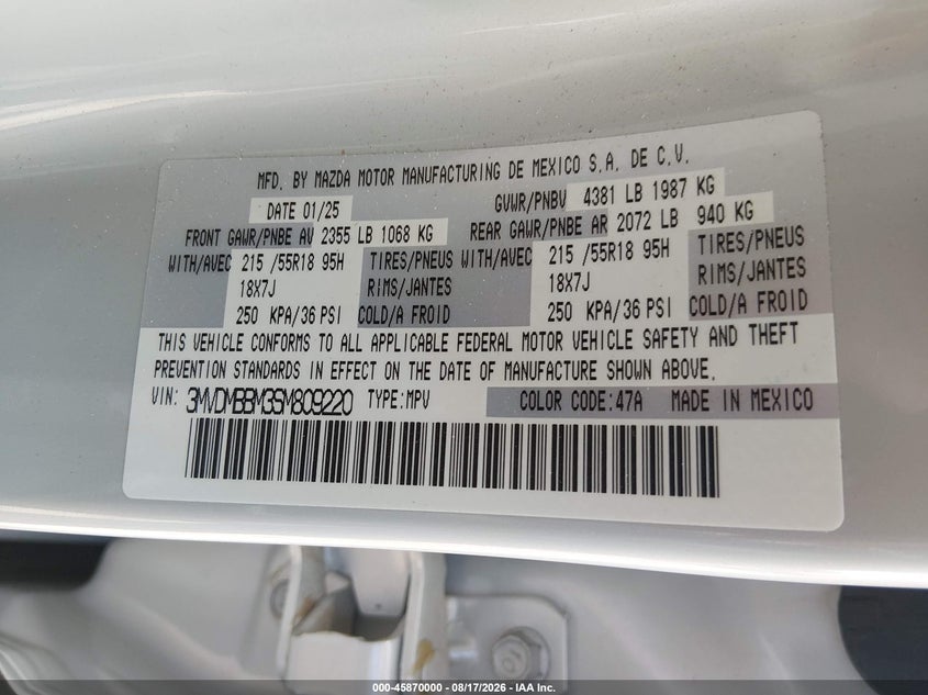 MAZDA CX-30 2025 VIN 3MVDMBBM3SM809220