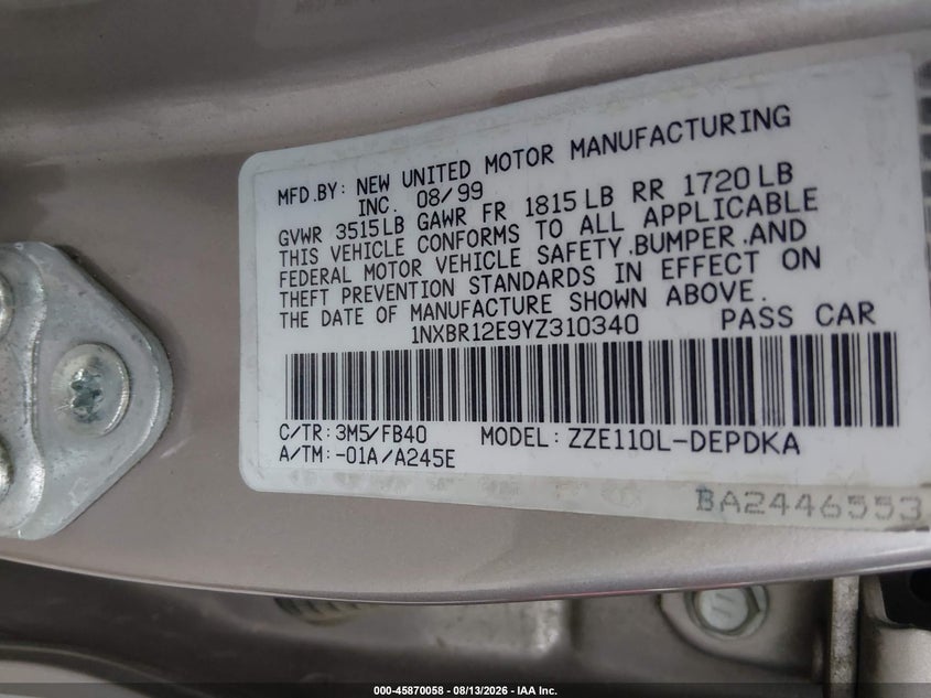 2000 TOYOTA COROLLA SEDAN 1.8L I-4 DOHC, VVT, 125HP