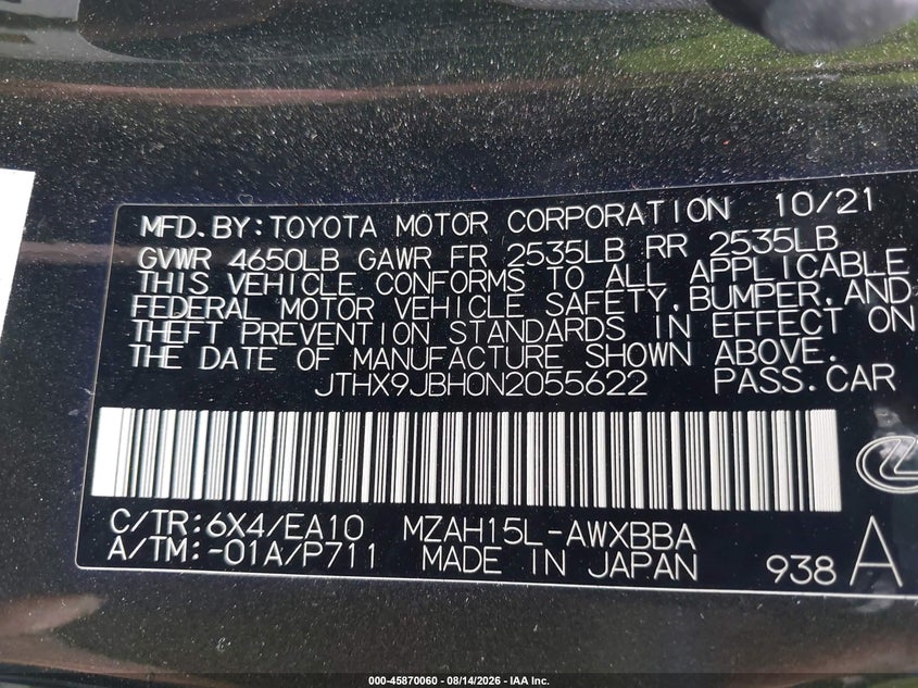 LEXUS UX 250H 2022 VIN JTHX9JBH0N2055622