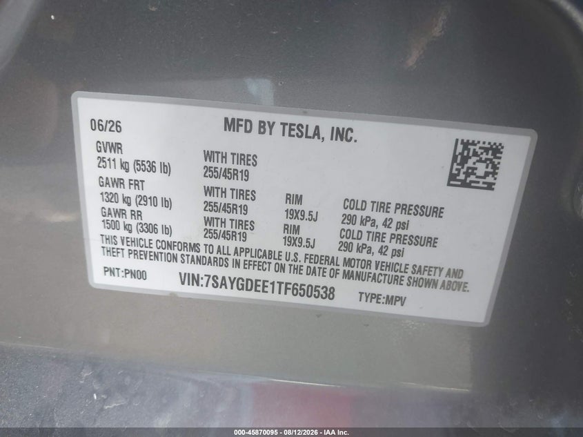 TESLA MODEL Y 2026 VIN 7SAYGDEE1TF650538