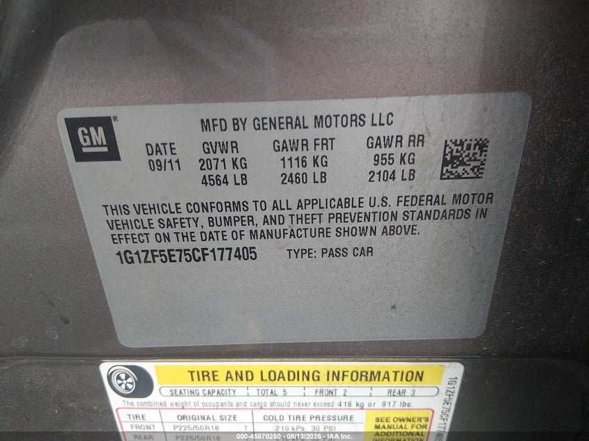 2012 CHEVROLET MALIBU SEDAN 3.6L V-6 DOHC, VVT, REGULAR , 252HP