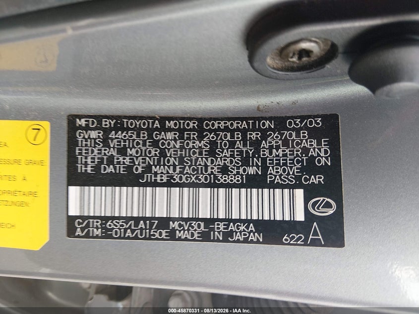 LEXUS ES 300 2003 VIN JTHBF30GX30138881