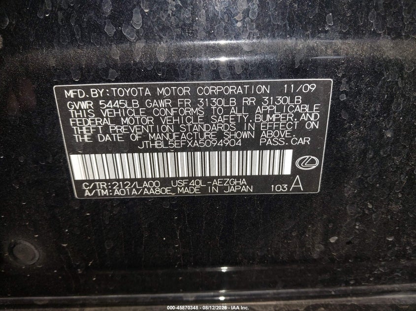 LEXUS LS 460 2010 VIN JTHBL5EFXA5094904