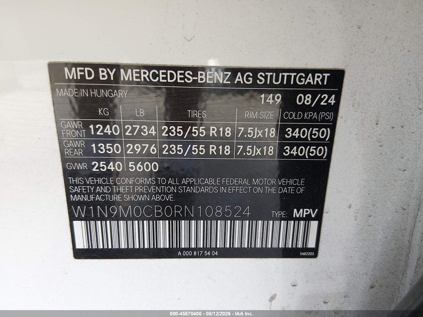 MERCEDES-BENZ EQB 250 SUV 2024 VIN W1N9M0CB0RN108524