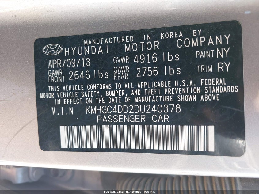 HYUNDAI GENESIS 2013 VIN KMHGC4DD2DU240378