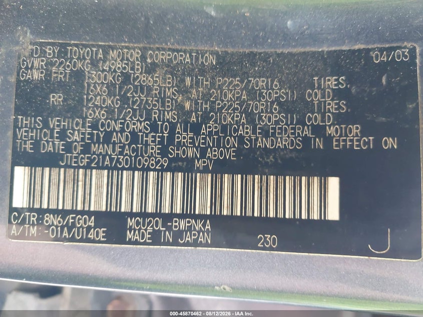 TOYOTA HIGHLANDER 2003 VIN JTEGF21A730109829