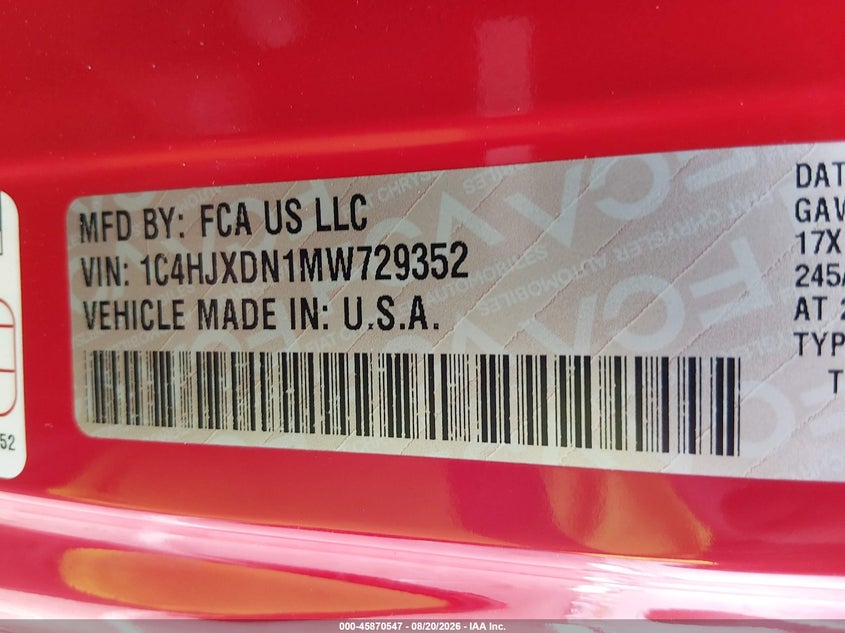 JEEP WRANGLER UNLIMITED 2021 VIN 1C4HJXDN1MW729352