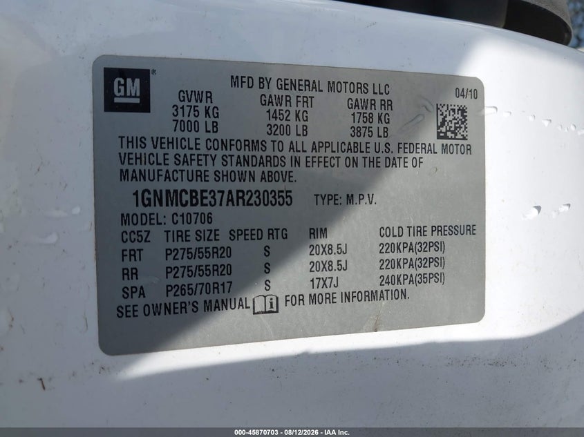 CHEVROLET TAHOE 2010 VIN 1GNMCBE37AR230355