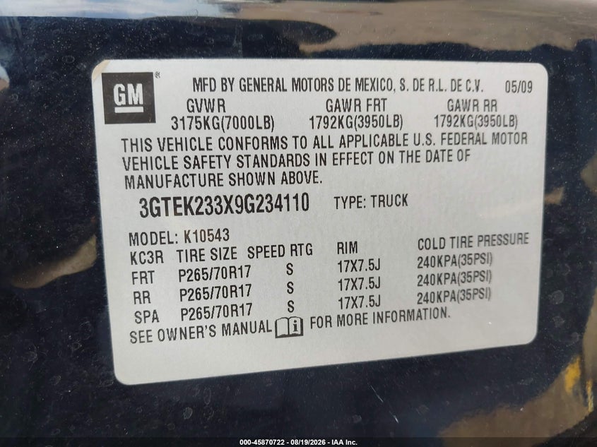 2009 GMC SIERRA PICKUP 5.3L V8 FI OHV 16V NF2