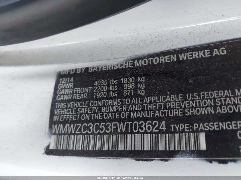 MINI COUNTRYMAN 2015 VIN WMWZC3C53FWT03624