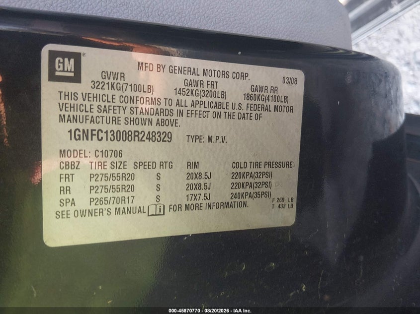 CHEVROLET TAHOE 2008 VIN 1GNFC13008R248329