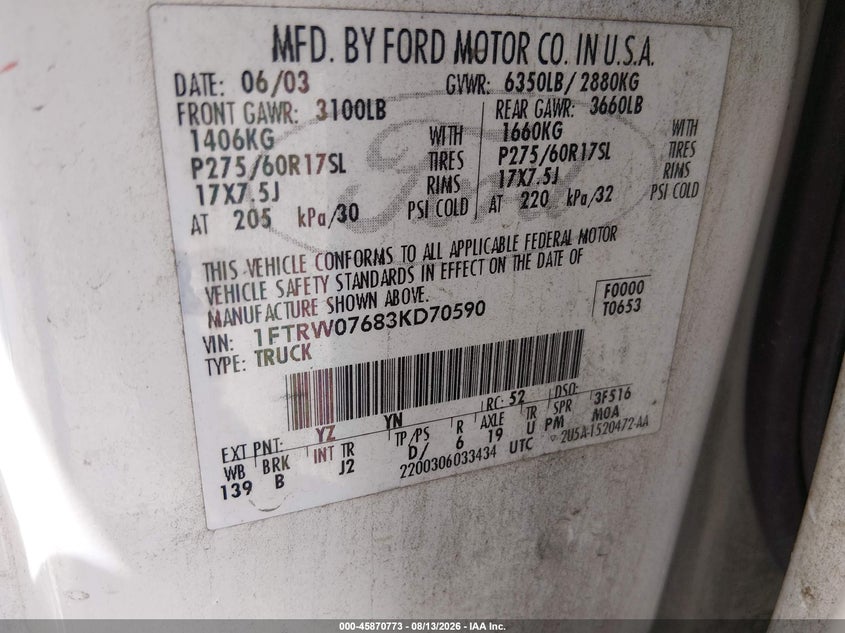 2003 FORD F-150 PICKUP 4.6L V-8 231HP