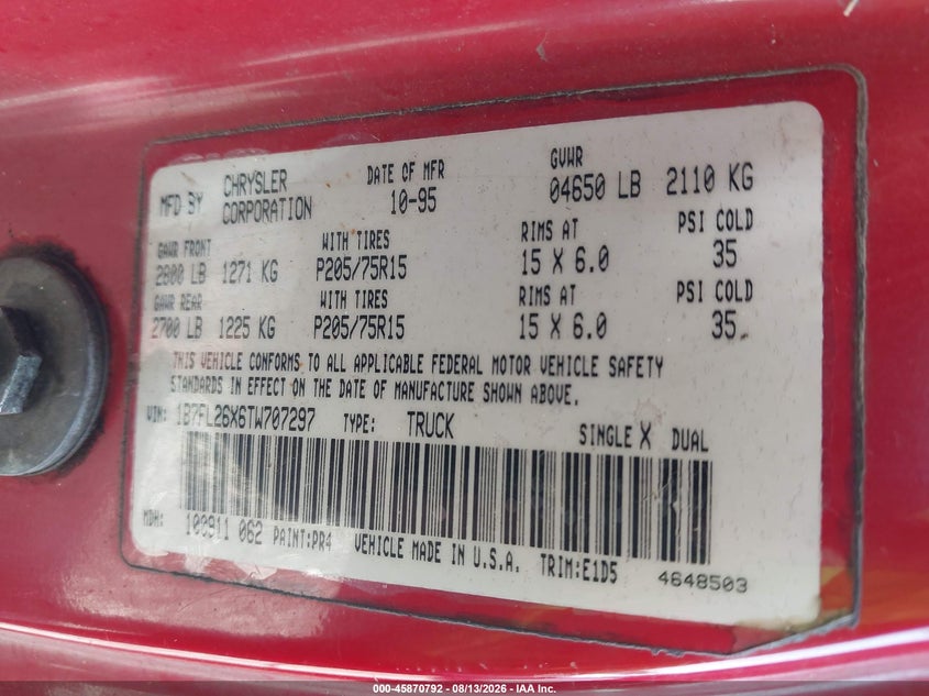 DODGE DAKOTA 1996 VIN 1B7FL26X6TW707297