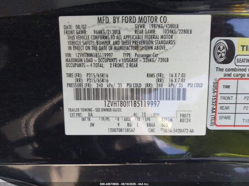 FORD MUSTANG 2008 VIN 1ZVHT80N185119997