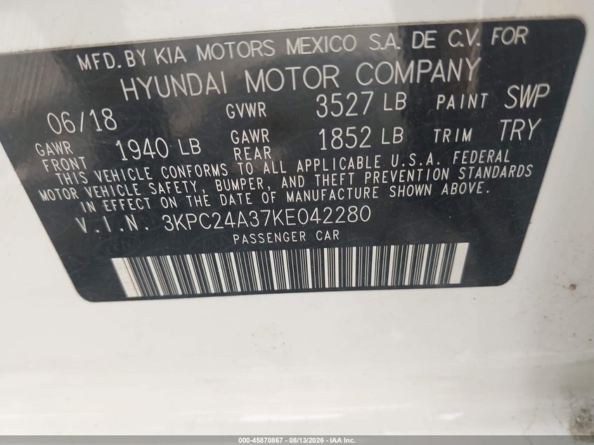 HYUNDAI ACCENT 2019 VIN 3KPC24A37KE042280