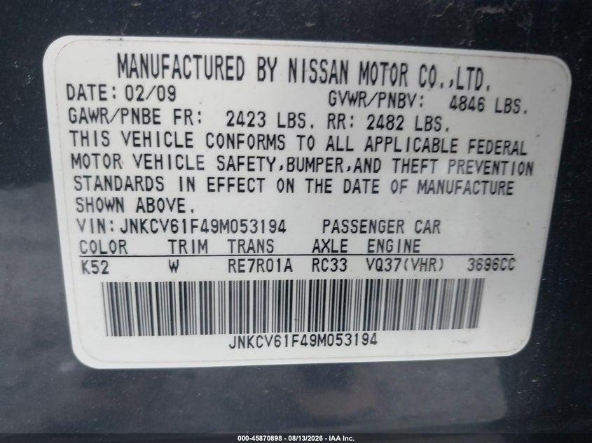 INFINITI G37X 2009 VIN JNKCV61F49M053194