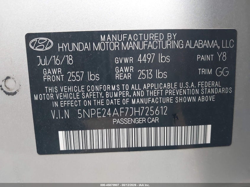 HYUNDAI SONATA 2018 VIN 5NPE24AF7JH725612
