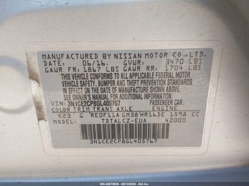 NISSAN VERSA NOTE 2016 VIN 3N1CE2CP8GL405767