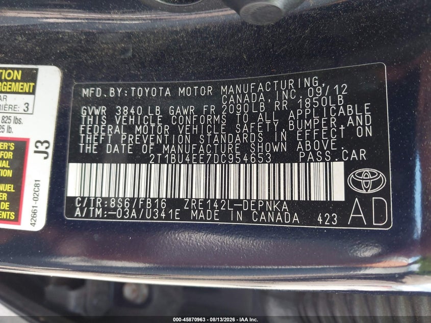 2013 TOYOTA COROLLA SEDAN 1.8L I-4 DOHC, VVT, 132HP