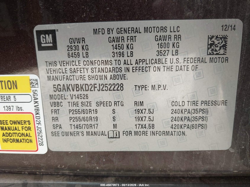 BUICK ENCLAVE 2015 VIN 5GAKVBKD2FJ252228