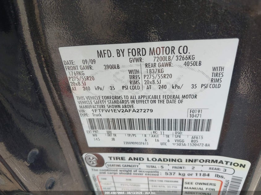2010 FORD F-150 PICKUP 5.4L V-8 VVT, 310HP