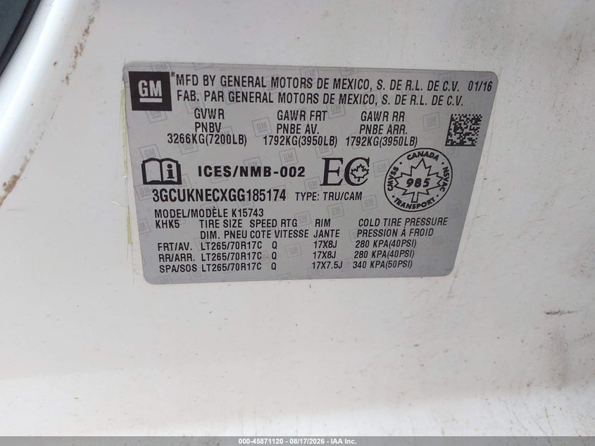 CHEVROLET SILVERADO 1500 2016 VIN 3GCUKNECXGG185174
