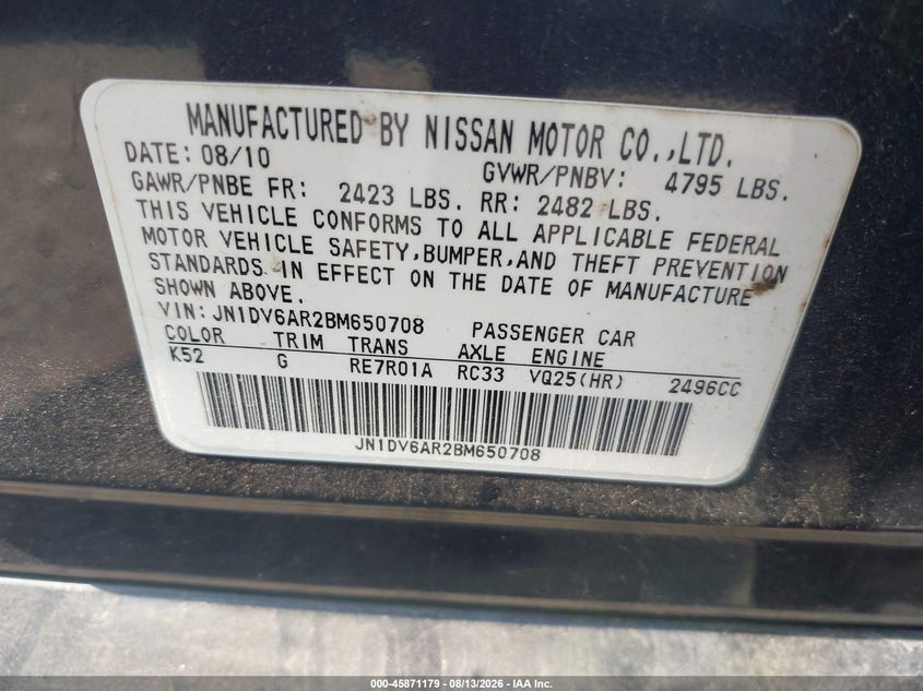 2011 INFINITI G SEDAN 2.5L V-6 DOHC, VVT, 218HP