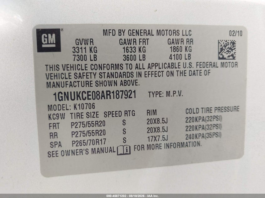CHEVROLET TAHOE 2010 VIN 1GNUKCE08AR187921