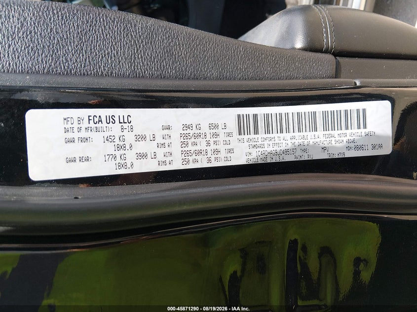 DODGE DURANGO 2018 VIN 1C4RDHAG9JC495157