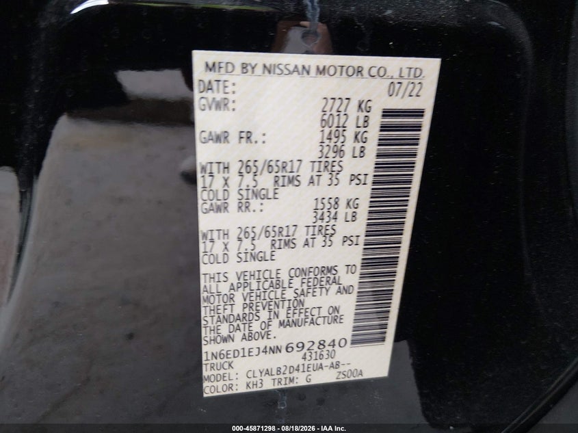 NISSAN FRONTIER 2022 VIN 1N6ED1EJ4NN692840