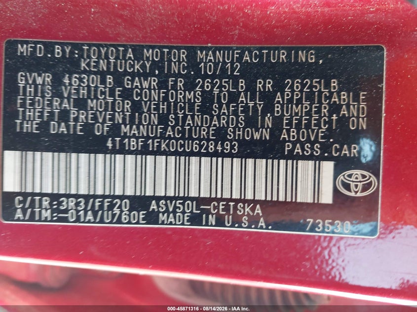2012 TOYOTA CAMRY SEDAN 2.5L I-4 DOHC, VVT, 178HP