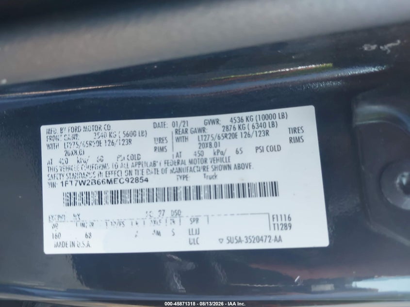 FORD F-250 2021 VIN 1FT7W2B66MEC92854