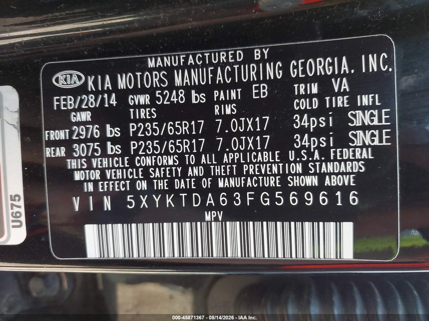 KIA SORENTO 2015 VIN 5XYKTDA63FG569616