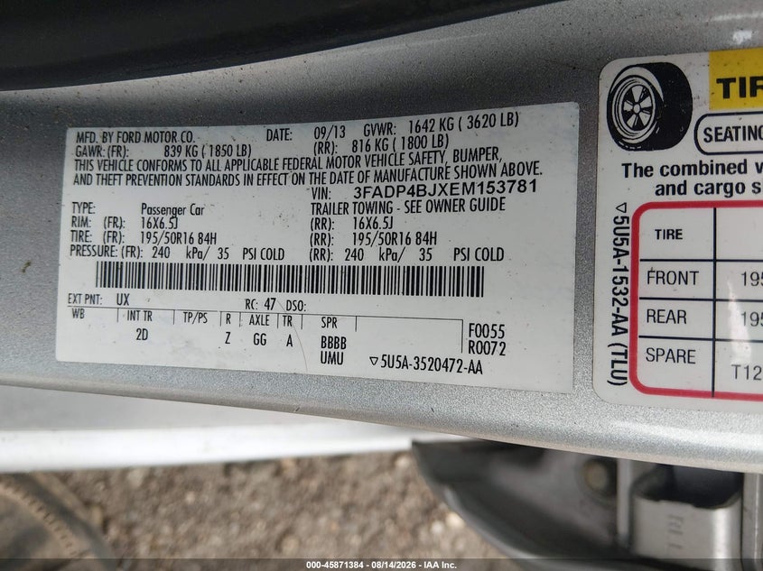FORD FIESTA 2014 VIN 3FADP4BJXEM153781