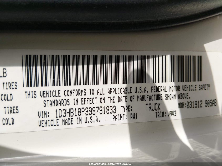 DODGE RAM 1500 2009 VIN 1D3HB18P39S791833