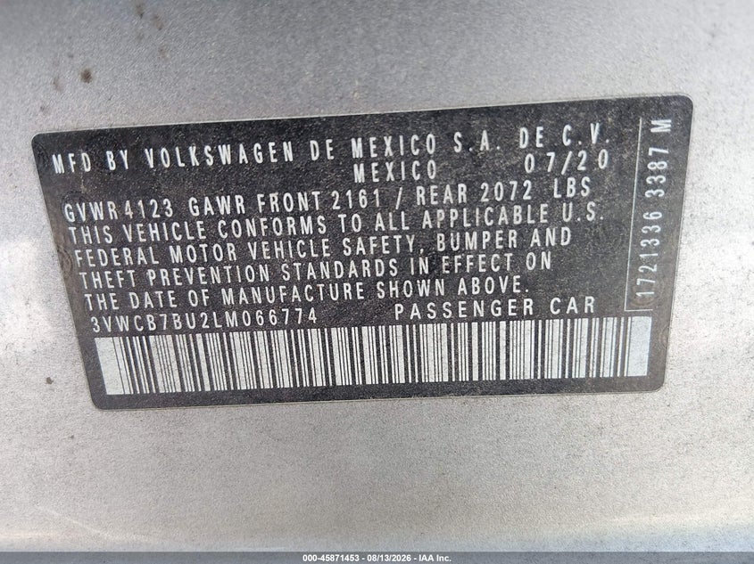 VOLKSWAGEN JETTA 2020 VIN 3VWCB7BU2LM066774