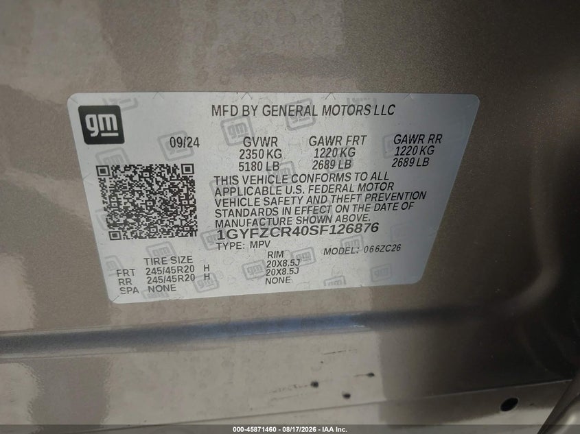 CADILLAC XT4 2025 VIN 1GYFZCR40SF126876