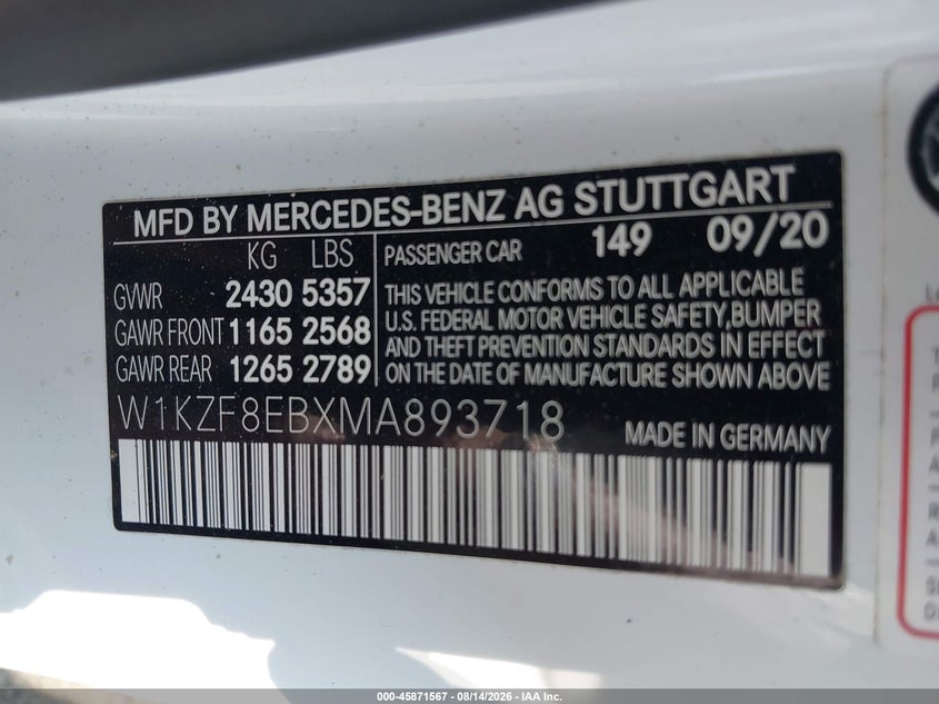 MERCEDES-BENZ E 350 2021 VIN W1KZF8EBXMA893718